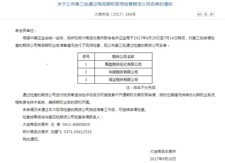 大连商品交易所关于公布第三批通过商品期权现场检查期货公司名单的通知